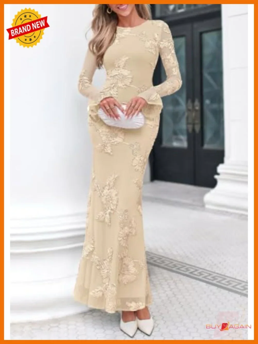 Women's Floral Mesh Maxi Bodycon Dress Bell Sleeve Party